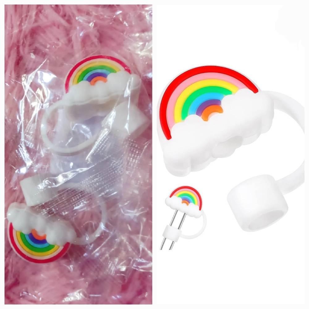 Silicone Straws Tips Cover set of 2! Cartoon Rainbow Reusable Lid Plug Antidust
